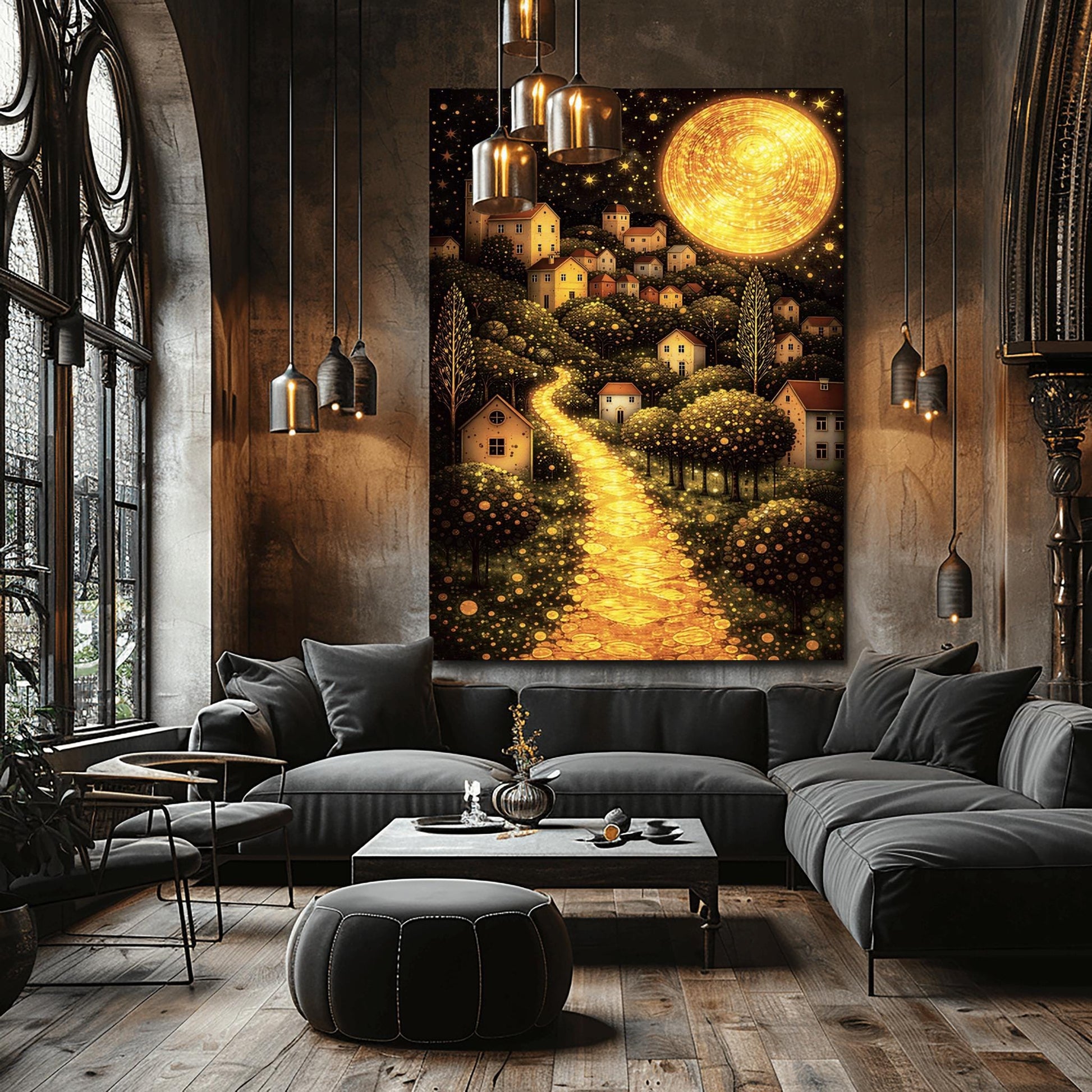 A vertical fine art landscape in the style of Gustav Klimt. A huge, textured golden moon shines in a starry night sky. A glowing golden path winds up a hillside past trees filled with shimmering golden dots toward a village of small houses with lit windows.