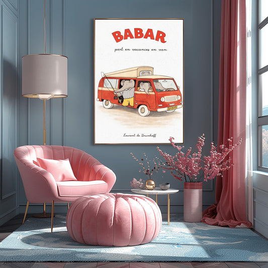 A vertical art print titled "BABAR part en vacances en van" in large red letters. A retro red and cream camper van is filled with grey elephants. One elephant in a striped shirt holds a fishing rod out the side door, and another sits in the driver's seat. The van has a "BABAR" license plate and a gold crown symbol on the grill. The artist's name, "Laurent de Brunhoff," is at the bottom of the cream-colored, textured background.