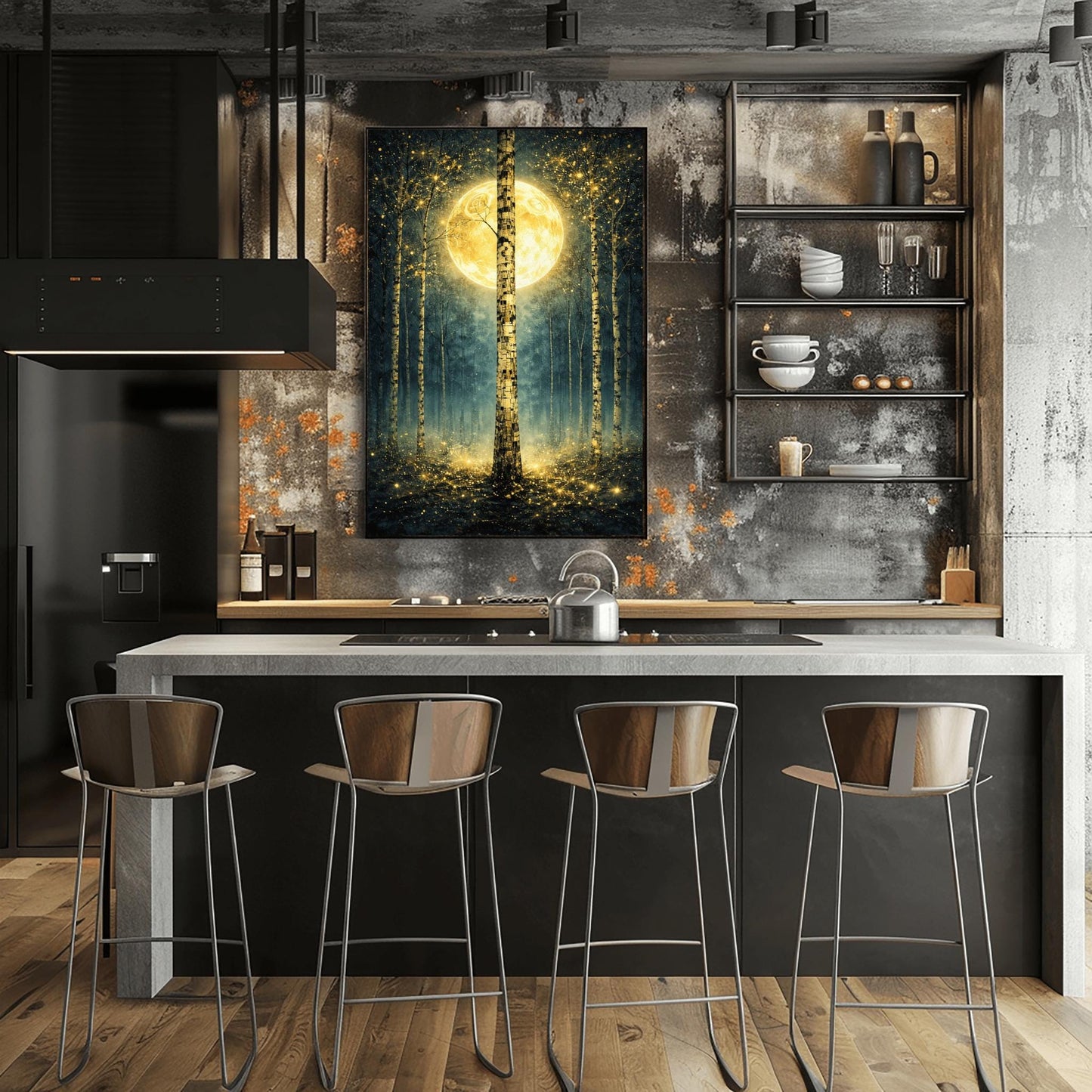A vertical Art Nouveau-style illustration of a birch forest at night. A large golden moon hangs behind a central birch tree. The forest is filled with teal mist and shimmering golden stardust. The trees have intricate, mosaic-like textures on their bark.