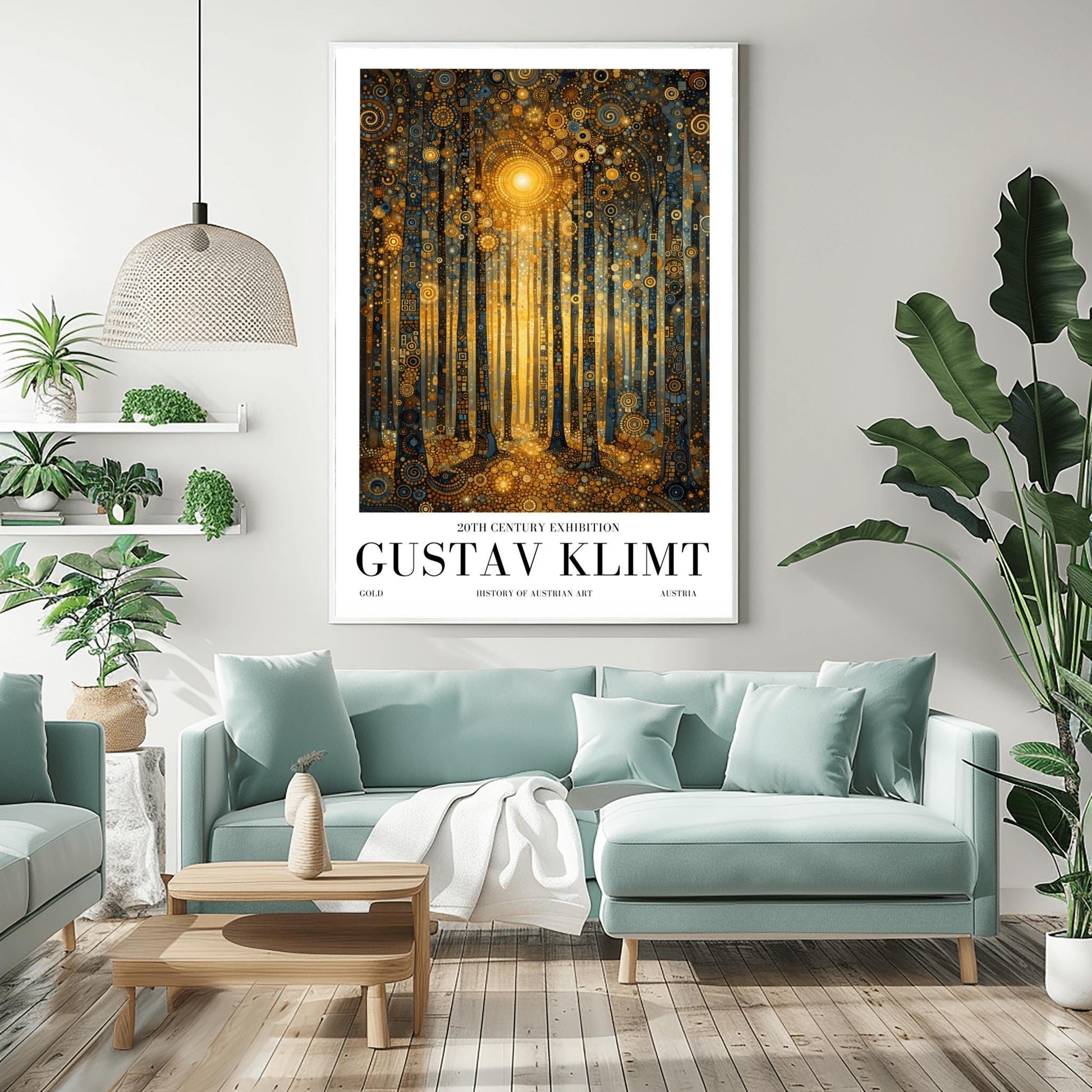 A vertical museum exhibition poster in the style of Gustav Klimt. A forest of slender trees is rendered in complex gold and dark blue mosaic patterns. A bright golden sun glows in the center, and the ground is covered in golden circular patterns. Bold black text at the bottom reads "GUSTAV KLIMT" and "20TH CENTURY EXHIBITION."