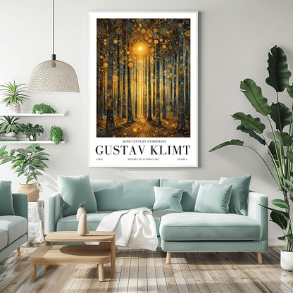 A vertical museum exhibition poster in the style of Gustav Klimt. A forest of slender trees is rendered in complex gold and dark blue mosaic patterns. A bright golden sun glows in the center, and the ground is covered in golden circular patterns. Bold black text at the bottom reads "GUSTAV KLIMT" and "20TH CENTURY EXHIBITION."