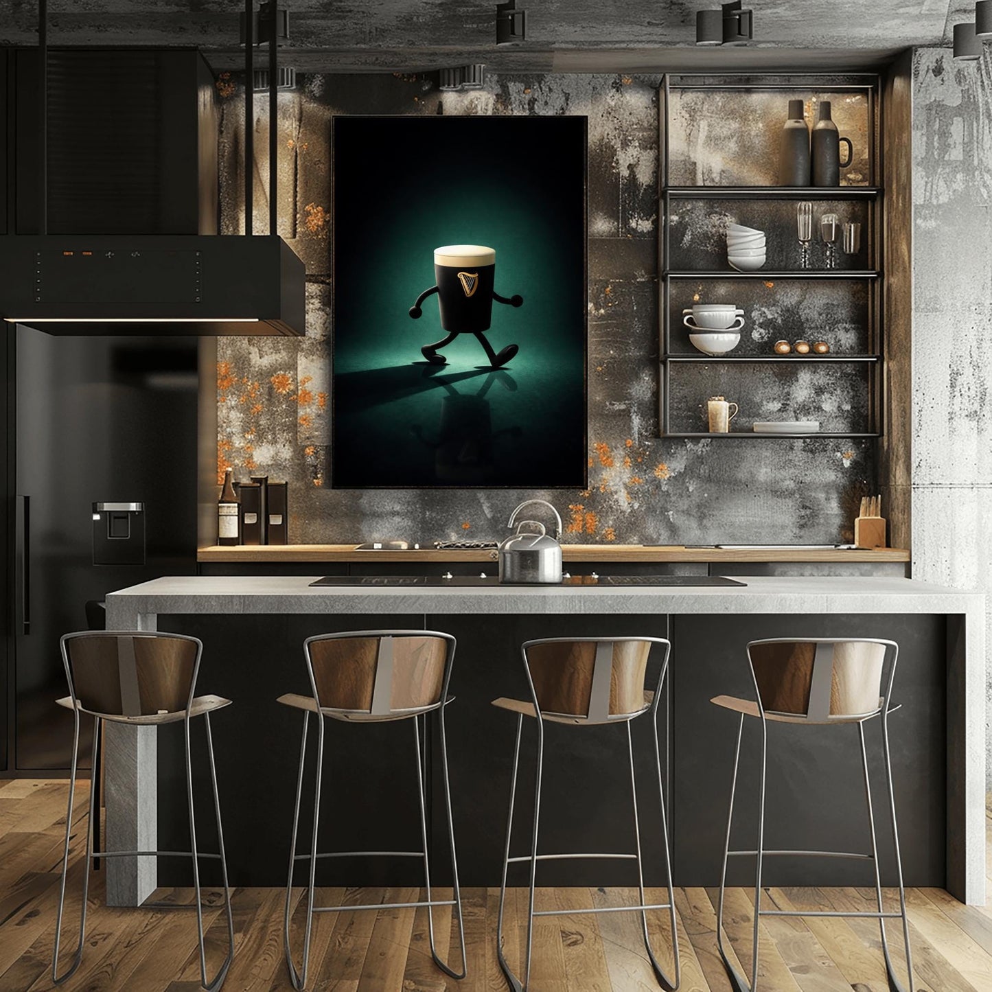 A vertical cinematic illustration of a 3D Guinness pint character with cartoon arms and legs. It is walking across a dark, reflective floor under a moody emerald-green spotlight. The pint features a crisp white foam head and a golden harp logo.