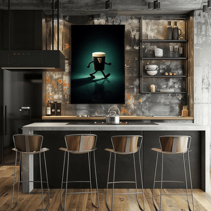 A vertical cinematic illustration of a 3D Guinness pint character with cartoon arms and legs. It is walking across a dark, reflective floor under a moody emerald-green spotlight. The pint features a crisp white foam head and a golden harp logo.