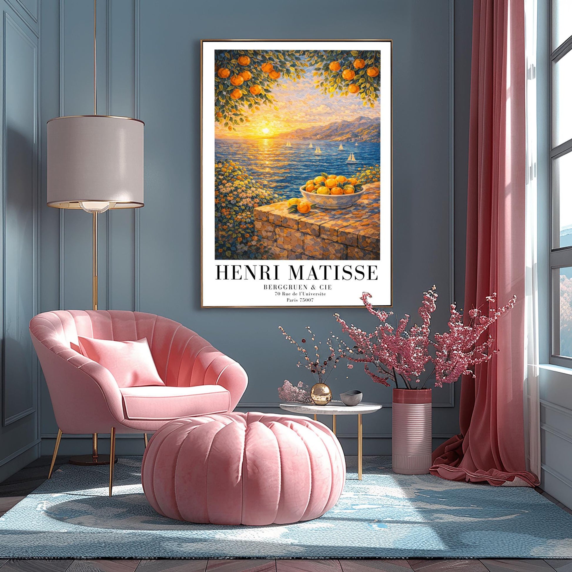 A vertical painterly illustration of a Mediterranean sunset. A low sun shines over a blue sea with sailboats, casting a golden reflection. In the foreground, a bowl of oranges sits on a stone wall. Orange tree branches frame the top of the scene.