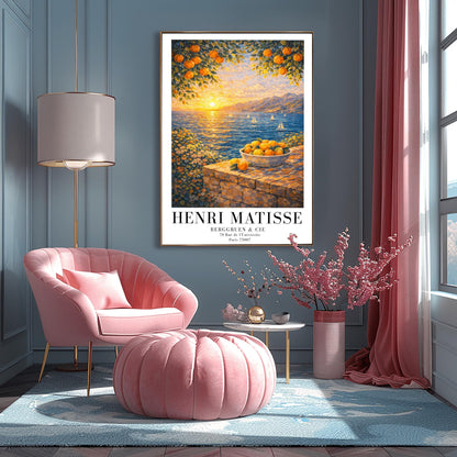 A vertical painterly illustration of a Mediterranean sunset. A low sun shines over a blue sea with sailboats, casting a golden reflection. In the foreground, a bowl of oranges sits on a stone wall. Orange tree branches frame the top of the scene.