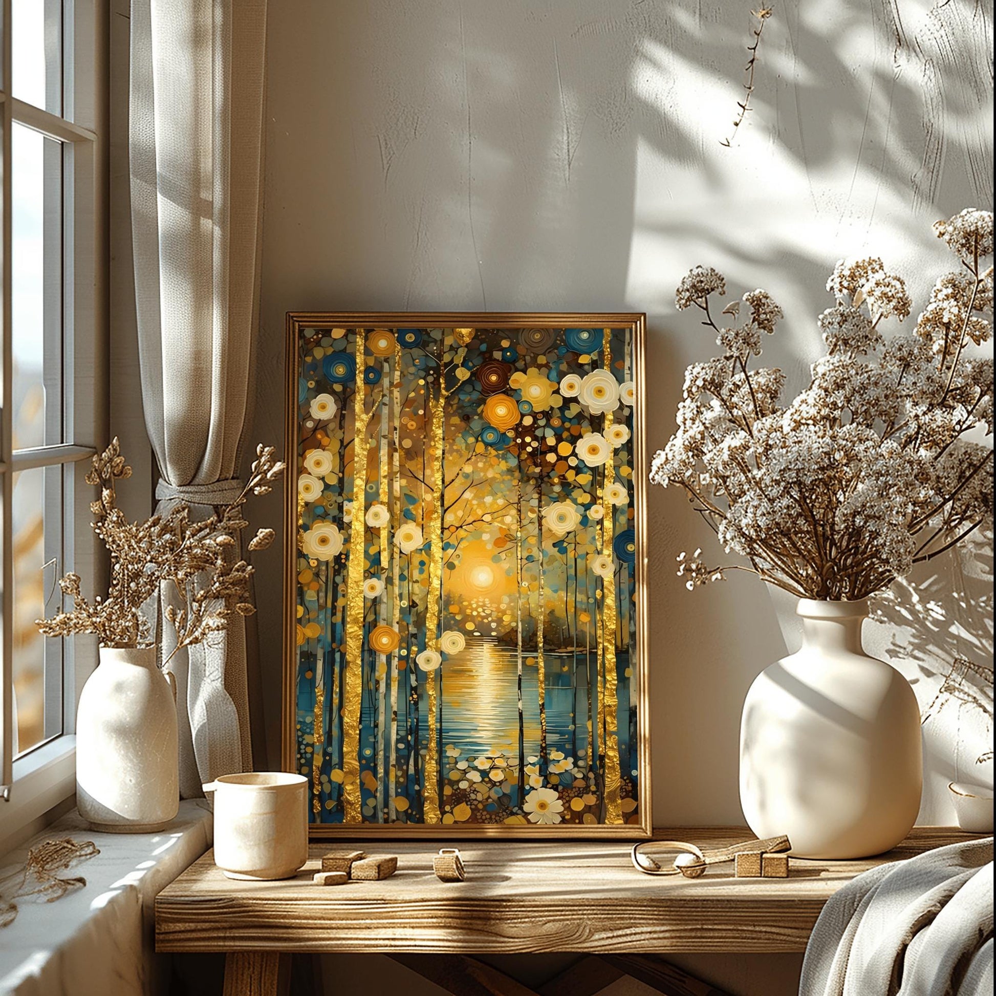 A vertical, highly detailed oil painting in the style of Gustav Klimt. A forest of slender birch trees with textured gold-leaf bark stands before a calm blue lake. A bright, glowing sun is centered in the background, reflecting a shimmering golden path on the water. The scene is filled with stylized, circular flowers in cream, gold, and deep blue. The overall style is rich in mosaic-like textures and opulent gold accents.