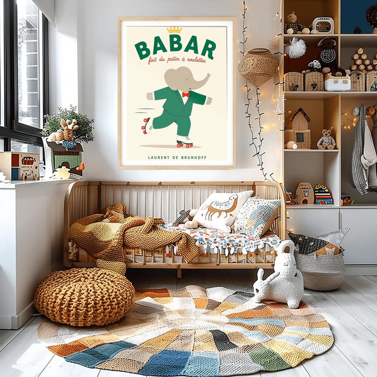 A vertical storybook-style art print of Babar the Elephant roller skating against a cream background. Babar is wearing his signature green suit and red bow tie. He is balanced on white roller skates with red wheels, with one foot lifted behind him. The top of the print features the word "BABAR" in large green letters above the red script text "fait du patin à roulettes" and a small gold crown. The name "LAURENT DE BRUNHOFF" is printed at the bottom.