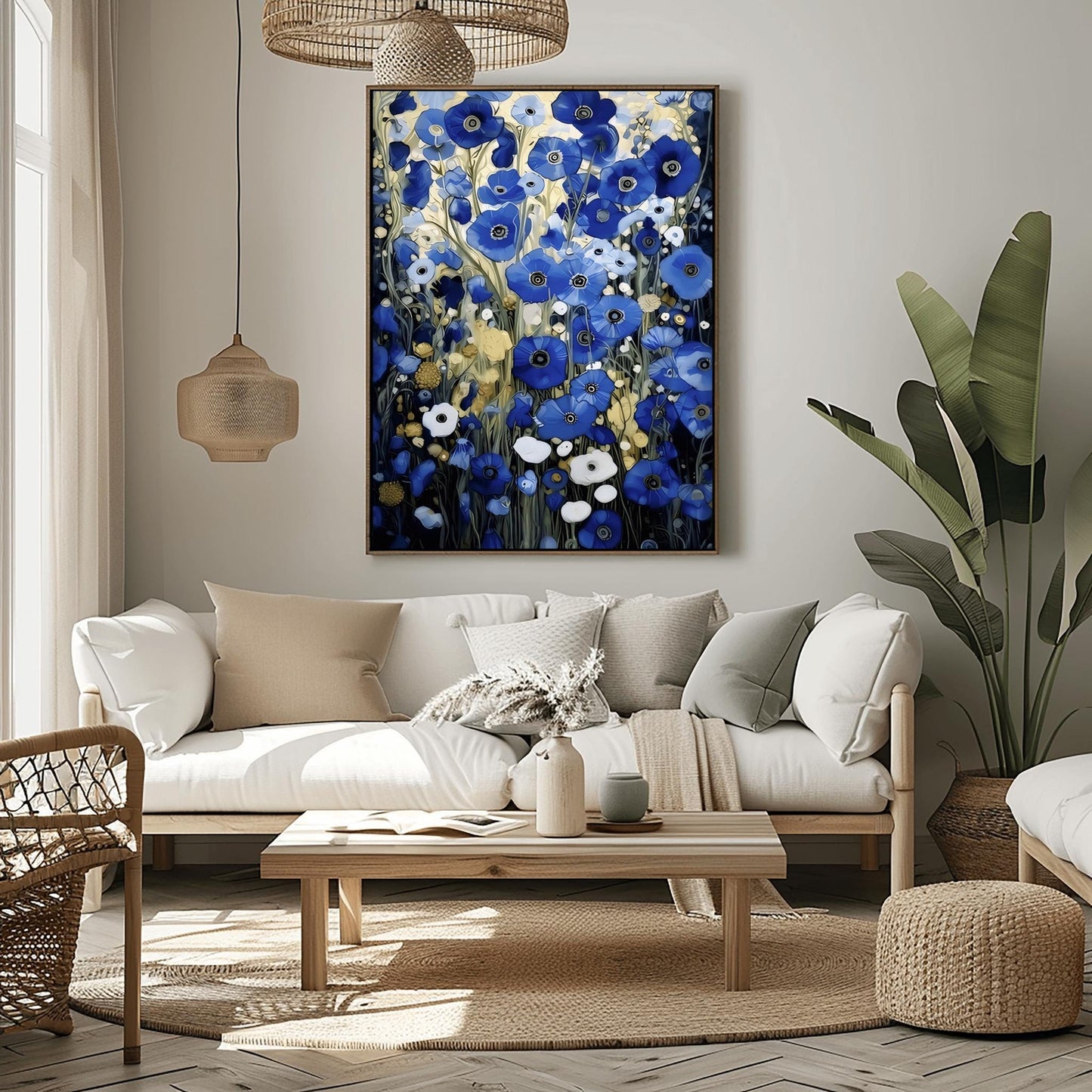 A vertical, highly detailed oil painting in the style of Gustav Klimt. The image is filled with a dense field of blue poppies in shades of cobalt, navy, and light blue. The flowers have dark centers and are surrounded by abstract cream and amber foliage. The brushwork is thick and textured, giving the appearance of a rich mosaic tapestry of flowers.