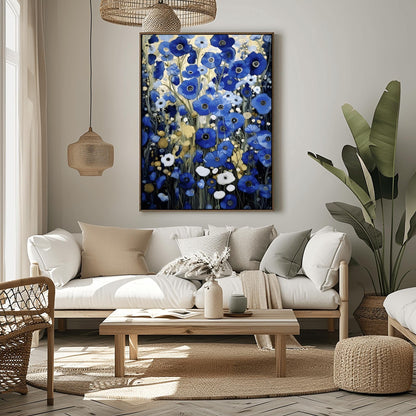 A vertical, highly detailed oil painting in the style of Gustav Klimt. The image is filled with a dense field of blue poppies in shades of cobalt, navy, and light blue. The flowers have dark centers and are surrounded by abstract cream and amber foliage. The brushwork is thick and textured, giving the appearance of a rich mosaic tapestry of flowers.