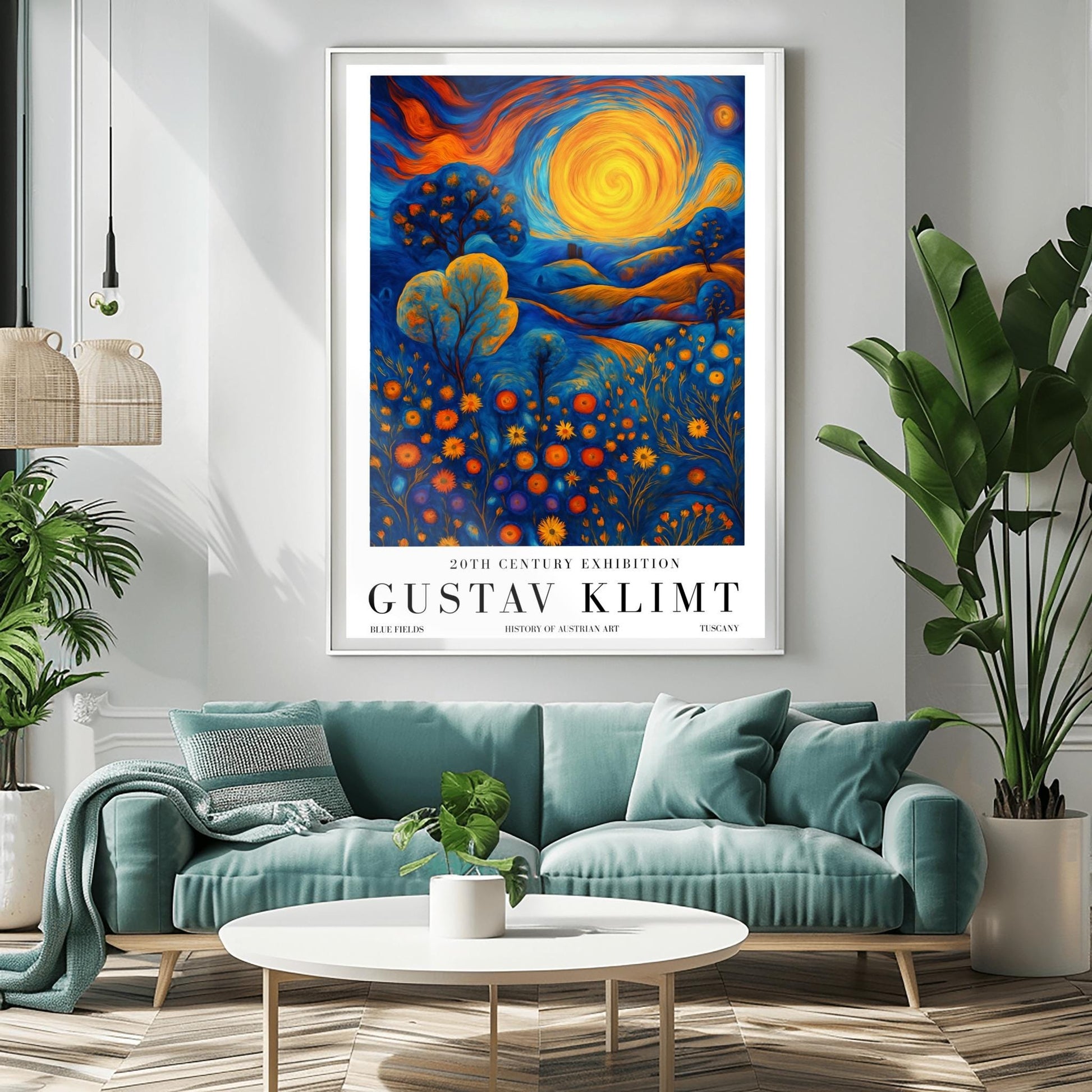A vertical museum exhibition poster in the style of Gustav Klimt. A large, swirling golden sun sits in a sky of orange and blue clouds over rolling blue hills. The foreground is a meadow of orange circular flowers. Below the image, bold black text reads "GUSTAV KLIMT" and "BLUE FIELDS" on a white border.