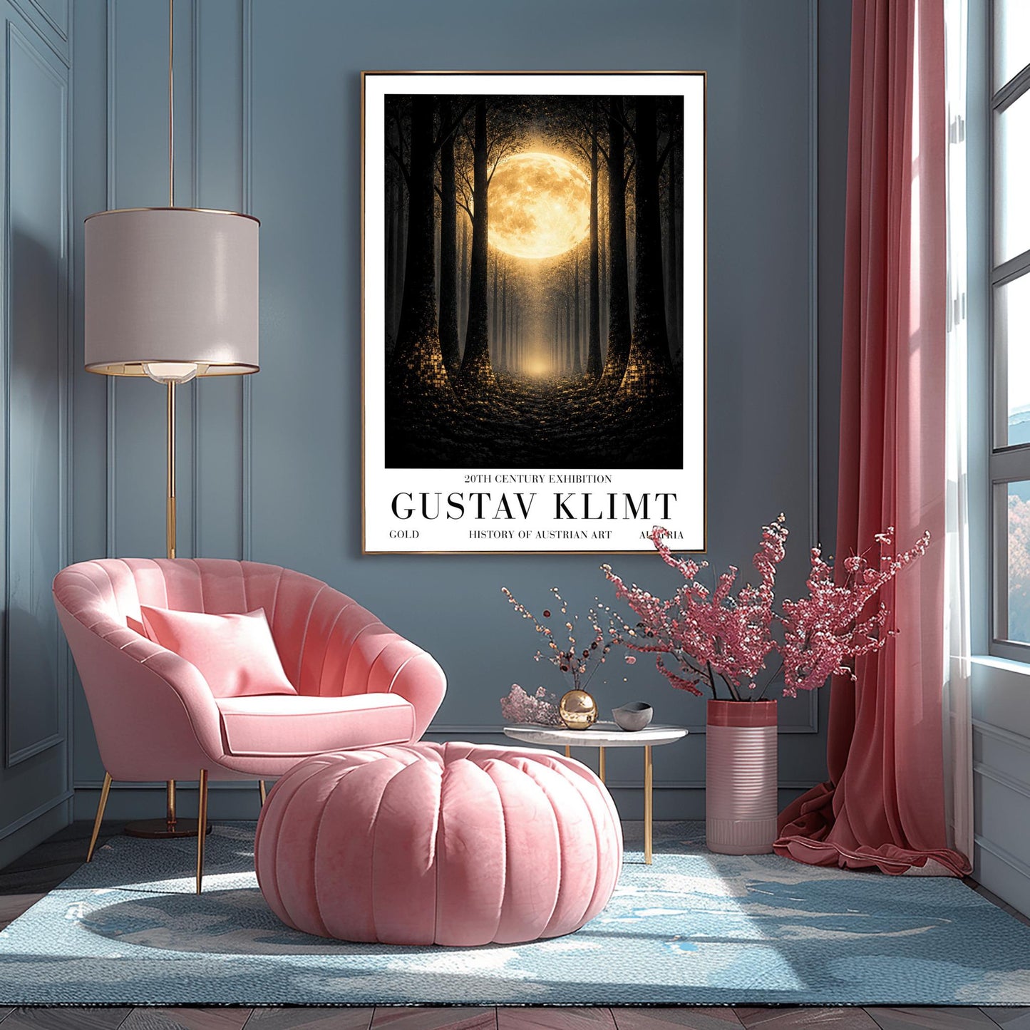 A vertical art print in the style of Gustav Klimt showing a dark forest at night. Tall, dark, silhouetted tree trunks frame a central path that leads toward a bright light in the distance. A massive, glowing golden moon with intricate textures dominates the upper center of the image. The base of the trees and the forest floor are sprinkled with shimmering gold mosaic patterns and light specks, contrasting sharply against the dark background.