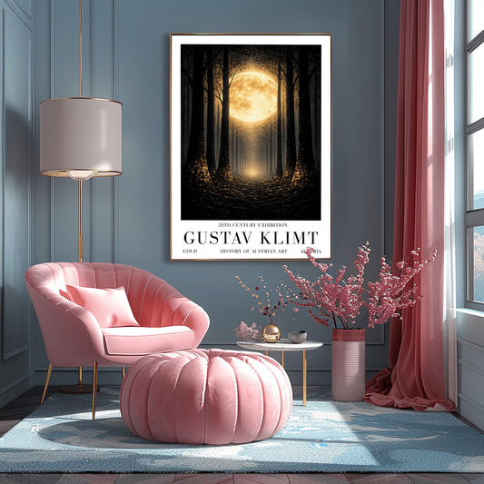 A vertical art print in the style of Gustav Klimt showing a dark forest at night. Tall, dark, silhouetted tree trunks frame a central path that leads toward a bright light in the distance. A massive, glowing golden moon with intricate textures dominates the upper center of the image. The base of the trees and the forest floor are sprinkled with shimmering gold mosaic patterns and light specks, contrasting sharply against the dark background.