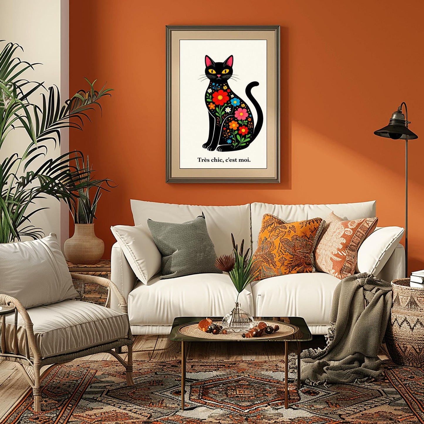 A vertical minimalist art print of a sleek black cat sitting upright, facing forward. The cat's body is filled with colorful folk-art style flowers in red, blue, orange, and yellow with green leaves. The cat has large yellow eyes and a small pink nose. Below the cat, the French phrase "Très chic, c'est moi." is written in a black serif font. The entire image is set against a textured off-white background.