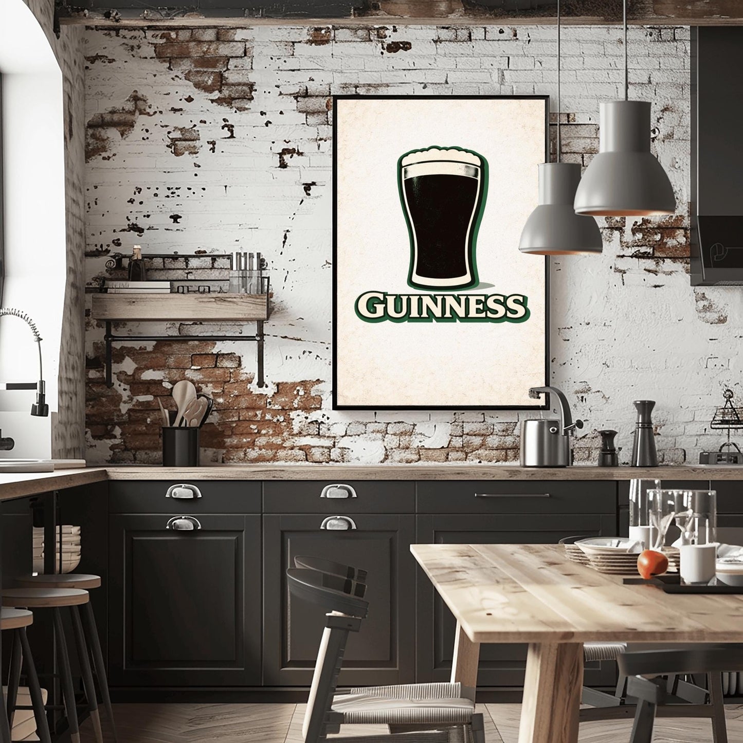 A vertical minimalist graphic of a pint of Guinness on a light cream-textured background. The black pint has a thick white foam head and a green drop shadow. Below the glass, the word "GUINNESS" is written in cream text with a green border.