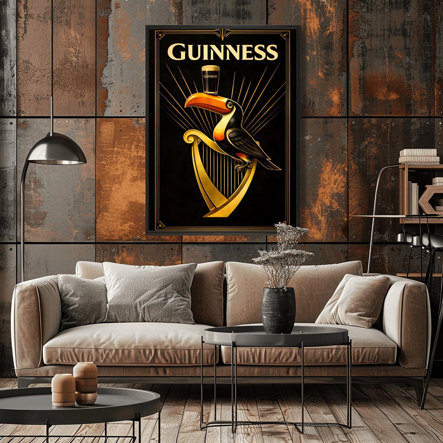 A vertical Art Deco style poster for Guinness. A colorful toucan perches on a large golden harp against a black background. Golden rays of light radiate from behind the toucan, which is balancing a pint of beer on its beak. The word "GUINNESS" is written in large gold letters at the top.
