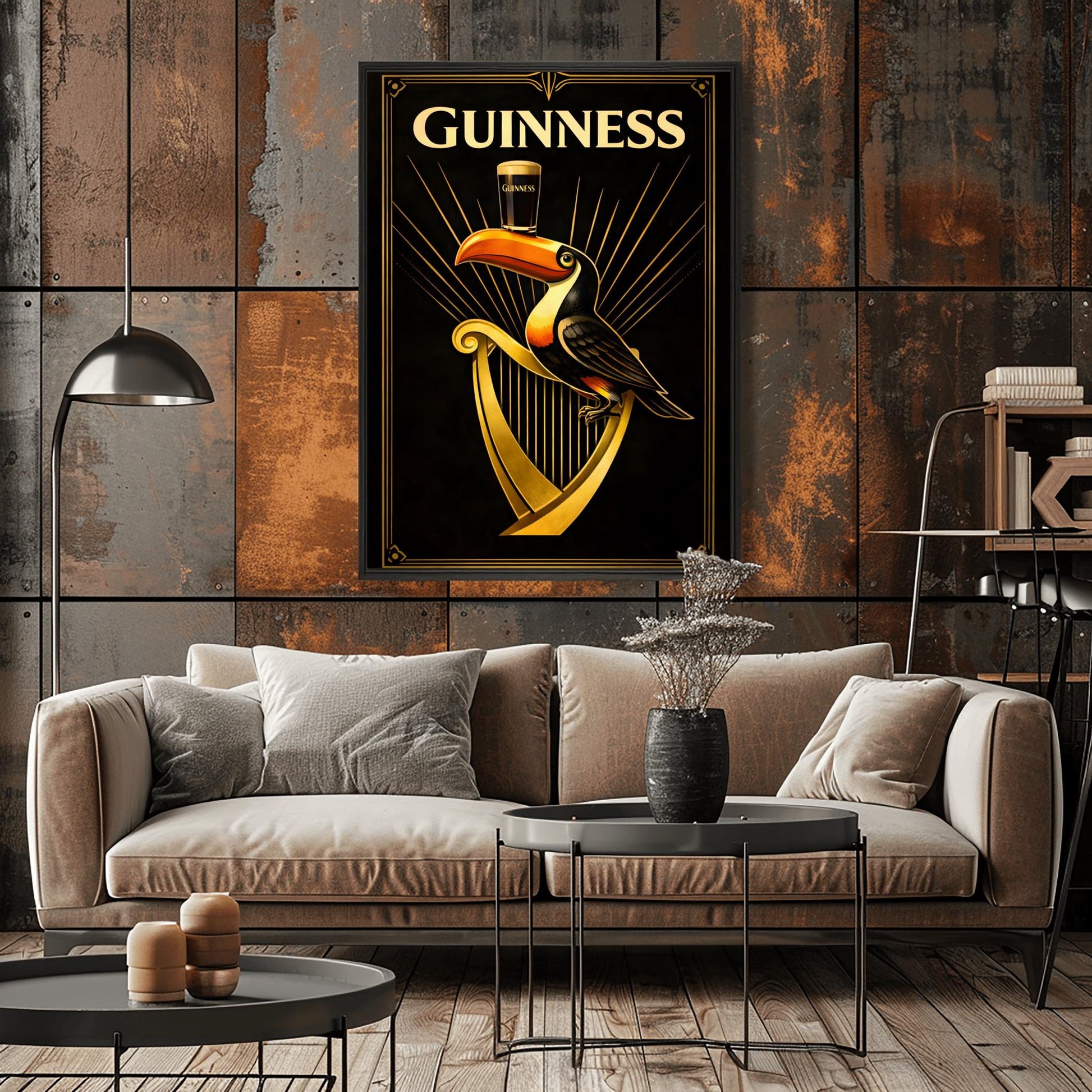 A vertical Art Deco style poster for Guinness. A colorful toucan perches on a large golden harp against a black background. Golden rays of light radiate from behind the toucan, which is balancing a pint of beer on its beak. The word "GUINNESS" is written in large gold letters at the top.