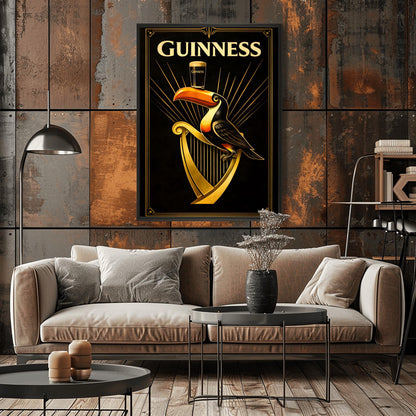 A vertical Art Deco style poster for Guinness. A colorful toucan perches on a large golden harp against a black background. Golden rays of light radiate from behind the toucan, which is balancing a pint of beer on its beak. The word "GUINNESS" is written in large gold letters at the top.