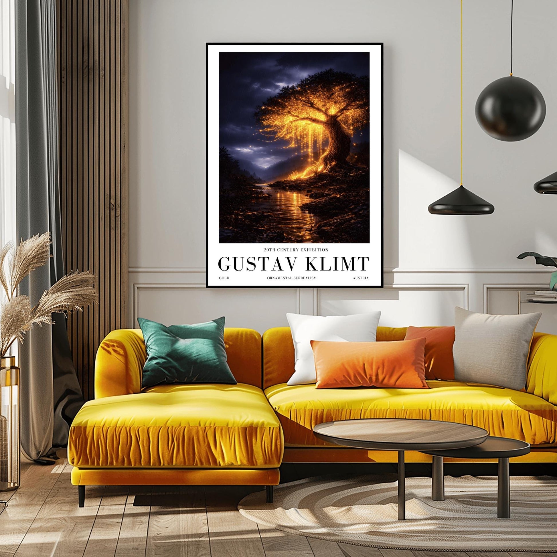 A vertical full-bleed illustration of a large weeping willow tree glowing with golden light in a stormy mountain valley. The tree stands by a dark river reflecting its gold light. The background features dark, rainy mountains and a moody indigo sky in the style of Gustav Klimt.