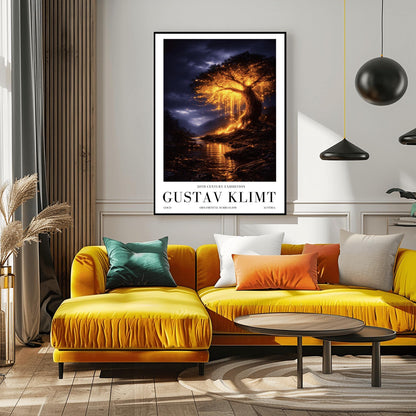 A vertical full-bleed illustration of a large weeping willow tree glowing with golden light in a stormy mountain valley. The tree stands by a dark river reflecting its gold light. The background features dark, rainy mountains and a moody indigo sky in the style of Gustav Klimt.