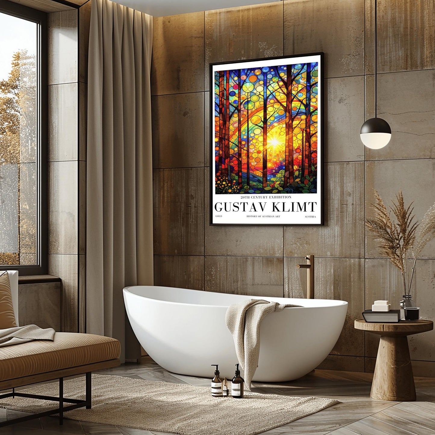 A vertical museum exhibition poster in the style of Gustav Klimt. A bright sun radiates light through a forest where the leaves are represented by colorful circles resembling stained glass. The foreground features detailed flowers and leaves. Bold black text at the bottom reads "GUSTAV KLIMT" and "HISTORY OF AUSTRIAN ART."