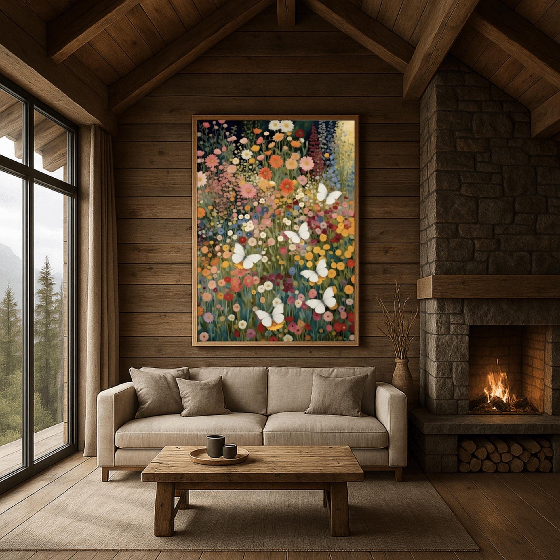 A vertical fine art painting in the style of Gustav Klimt. A dense field of colorful wildflowers in shades of orange, pink, yellow, and red fills the frame. Several large, delicate white butterflies are scattered throughout the meadow, appearing to fly toward a soft golden light in the upper right corner. The style is highly textured with decorative mosaic patterns.