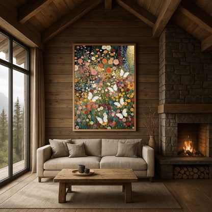 A vertical fine art painting in the style of Gustav Klimt. A dense field of colorful wildflowers in shades of orange, pink, yellow, and red fills the frame. Several large, delicate white butterflies are scattered throughout the meadow, appearing to fly toward a soft golden light in the upper right corner. The style is highly textured with decorative mosaic patterns.