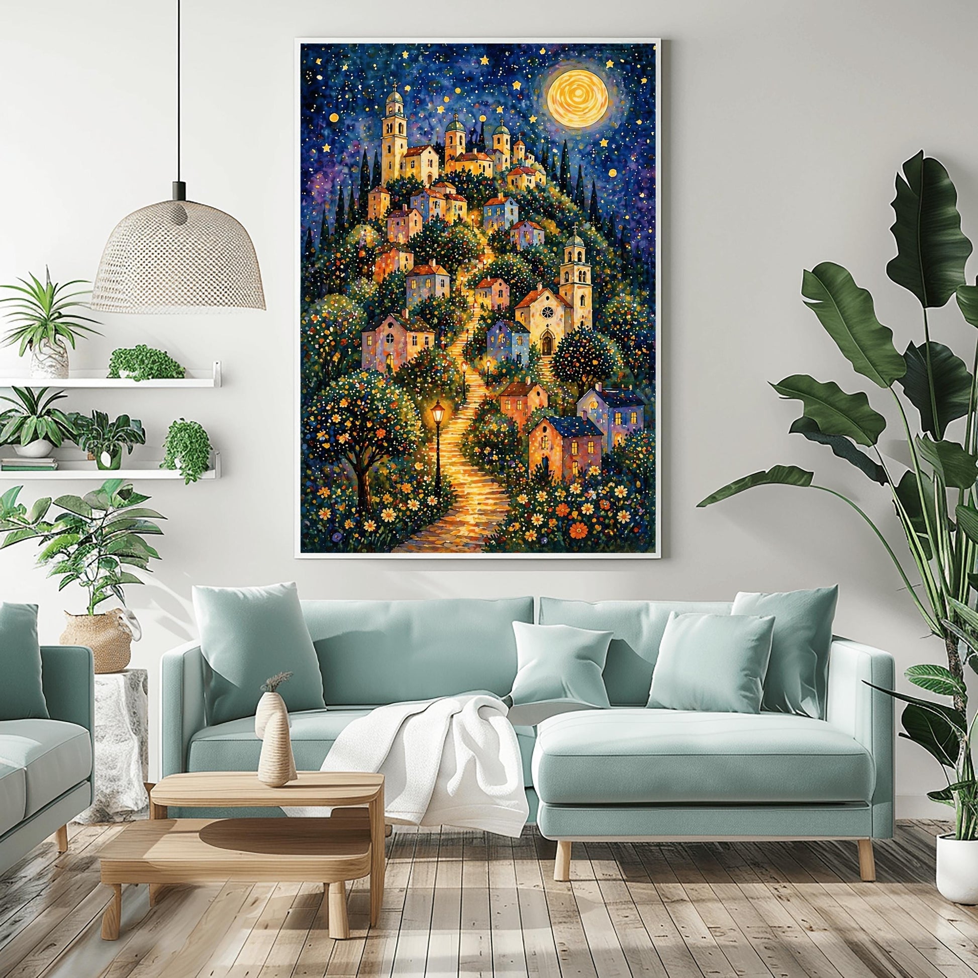 A vertical art print in a vibrant mosaic style. A winding, glowing stone path leads up a steep hill through a village of pastel-colored houses and tall, domed church towers. The scene is lit by warm streetlamps and a massive, golden full moon in a starry indigo sky. The foreground is filled with a dense field of small, colorful wildflowers, and the entire image is composed of shimmering, jewel-toned patterns.