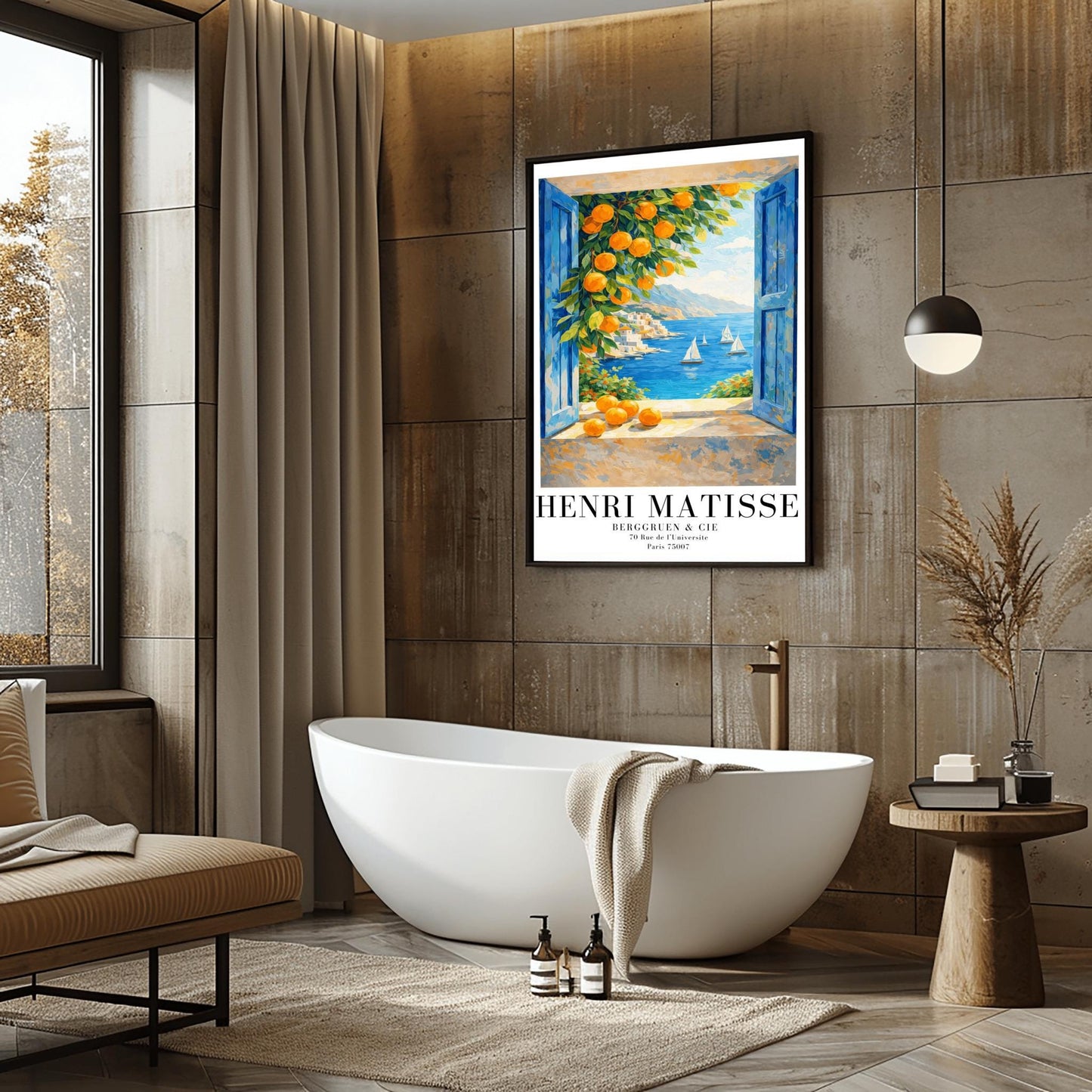 A vertical painterly illustration of a view through an open window with blue shutters. A branch with many bright oranges hangs in the top left. Outside, white sailboats float on a deep blue sea next to a white hillside village and mountains.