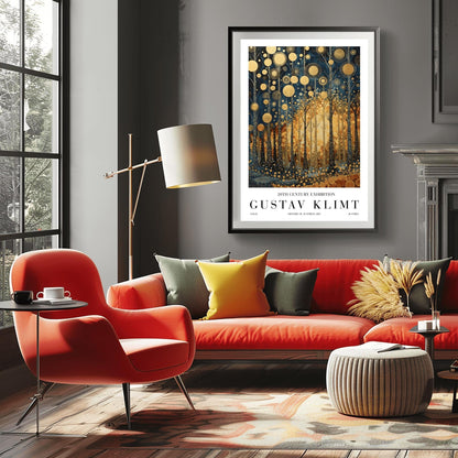 A vertical exhibition-style poster for a Gustav Klimt exhibit. The artwork features tall, slender trees with black bark covered in intricate gold scrolls and geometric patterns. Large, textured golden orbs float in the upper canopy. A warm, glowing light radiates from the center of the forest. The bottom margin features bold text reading "GUSTAV KLIMT" and "20TH CENTURY EXHIBITION."