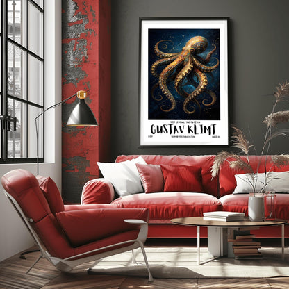 A vertical exhibition poster for Gustav Klimt featuring a highly detailed octopus against a dark navy background. The octopus is covered in golden mosaic patterns and spirals. Below the art, bold text reads "GUSTAV KLIMT" and "Ornamental Surrealism."