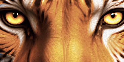 A vertical full-bleed illustration of a tiger in the style of Gustav Klimt. The tiger is prowling forward toward the viewer, its body covered in golden mosaic patterns and glowing orange light. The background is a swirl of amber sparks and gold-leaf textures.