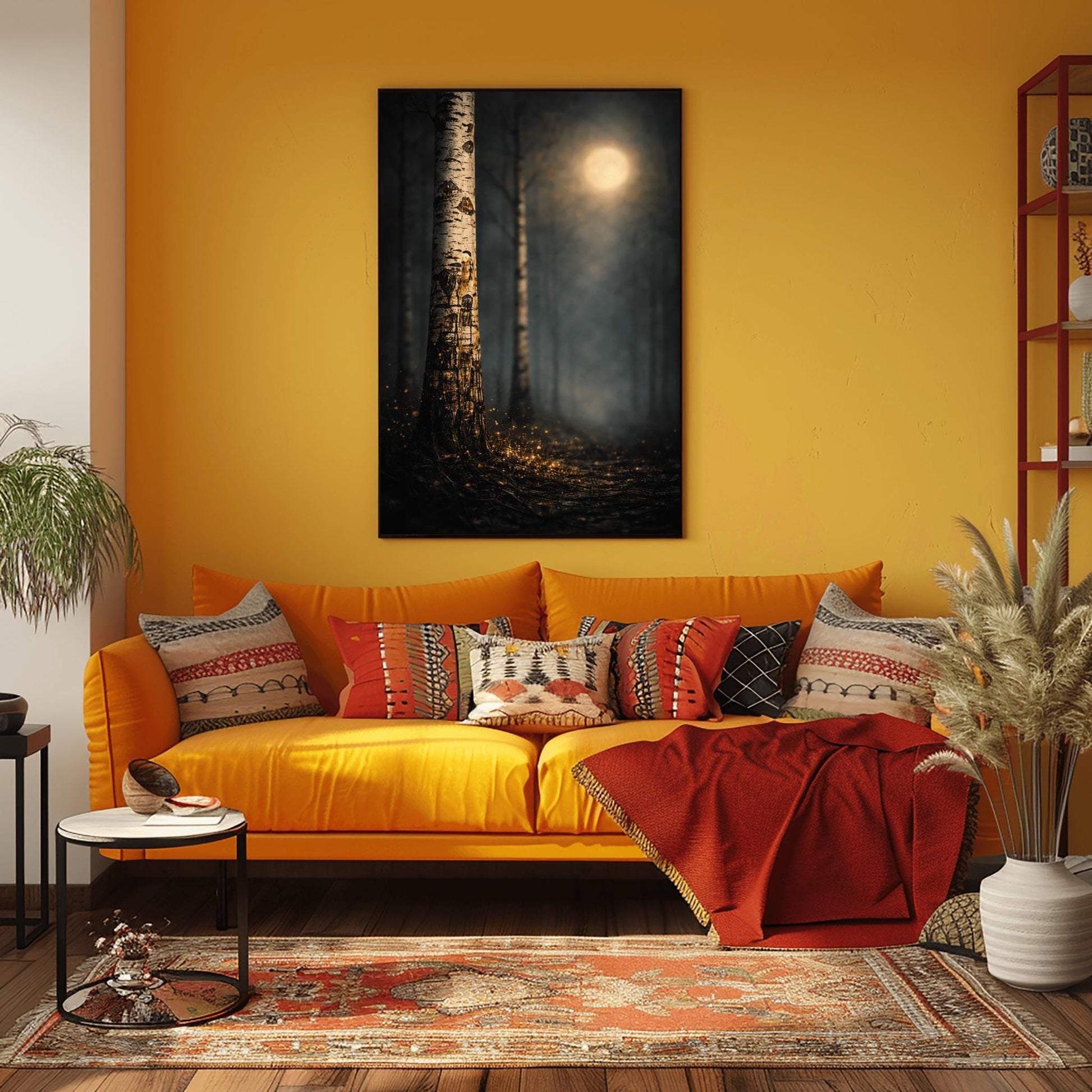 A vertical Art Nouveau illustration of a close-up birch tree trunk. The bark is covered in golden mosaic-like patterns and shimmering cracks. A soft, out-of-focus golden moon glows in a dark, misty forest background, and the ground is covered in glowing golden embers.