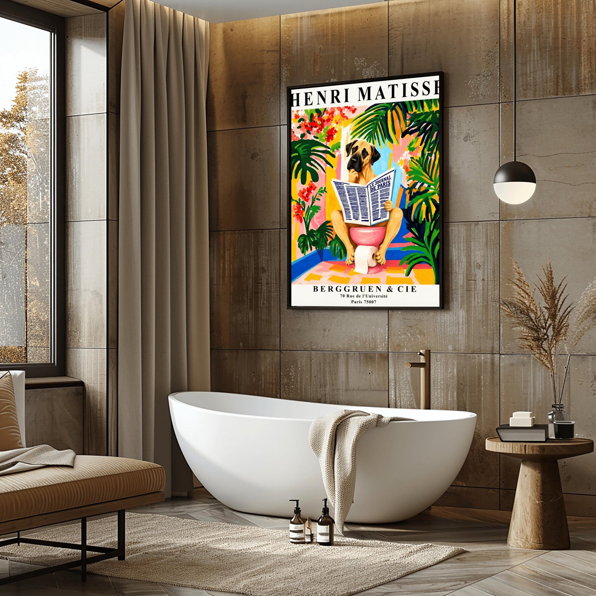 A vertical retro exhibition poster for Henri Matisse set on a wide cream border. The central image shows a colorful, painterly Fauvism illustration of a large Great Dane dog sitting on a pink toilet. The dog has its paw on its chin, thoughtfully reading a large newspaper titled "LE JOURNAL DE PARIS". The background is a vibrant bathroom filled with oversized green monstera leaves, tropical plants, yellow and pink walls, and red flowers.