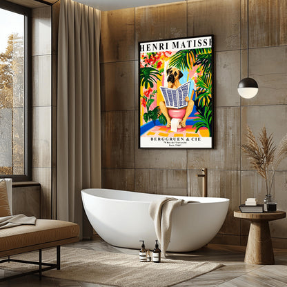 A vertical retro exhibition poster for Henri Matisse set on a wide cream border. The central image shows a colorful, painterly Fauvism illustration of a large Great Dane dog sitting on a pink toilet. The dog has its paw on its chin, thoughtfully reading a large newspaper titled "LE JOURNAL DE PARIS". The background is a vibrant bathroom filled with oversized green monstera leaves, tropical plants, yellow and pink walls, and red flowers.