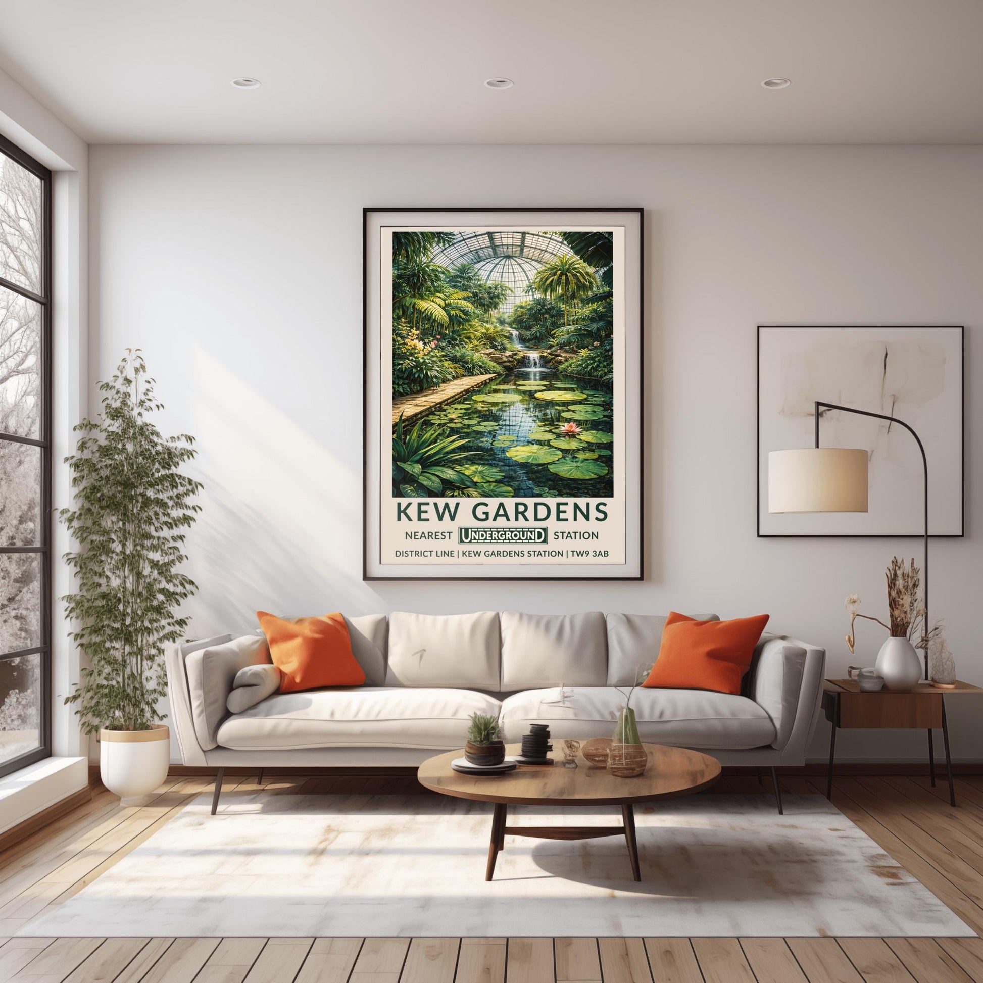 A vertical vintage-style travel poster for Kew Gardens. The artwork depicts the interior of a massive glass conservatory filled with dense tropical plants and tall palm trees. In the foreground, a calm pond features large green lily pads and pink flowers. A stone walkway runs alongside the pond leading toward a multi-tiered waterfall in the center. The scene is topped by a large, grid-patterned glass dome.