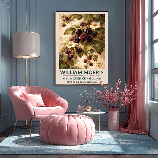 A vertical exhibition poster for "William Morris: History of British Design" at Oxford Circus, London. The central artwork features several clusters of blackberries in various stages of ripeness, from green and red to dark purple. Two white blossoms with yellow centers are visible among broad green leaves. The background is a textured light cream. The bottom features a cream-colored border with dark green text and the London Underground logo.
