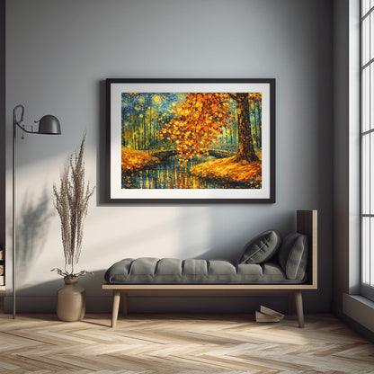 A horizontal landscape art print in the style of Gustav Klimt. A large tree with shimmering golden and orange mosaic-style leaves hangs over a dark blue pond. An ornate black bridge with golden spiral patterns crosses the water in the background. The sky is filled with stylized yellow swirls and stars. The ground is covered in golden leaves, and the entire scene is rich with decorative textures and vibrant metallic tones.