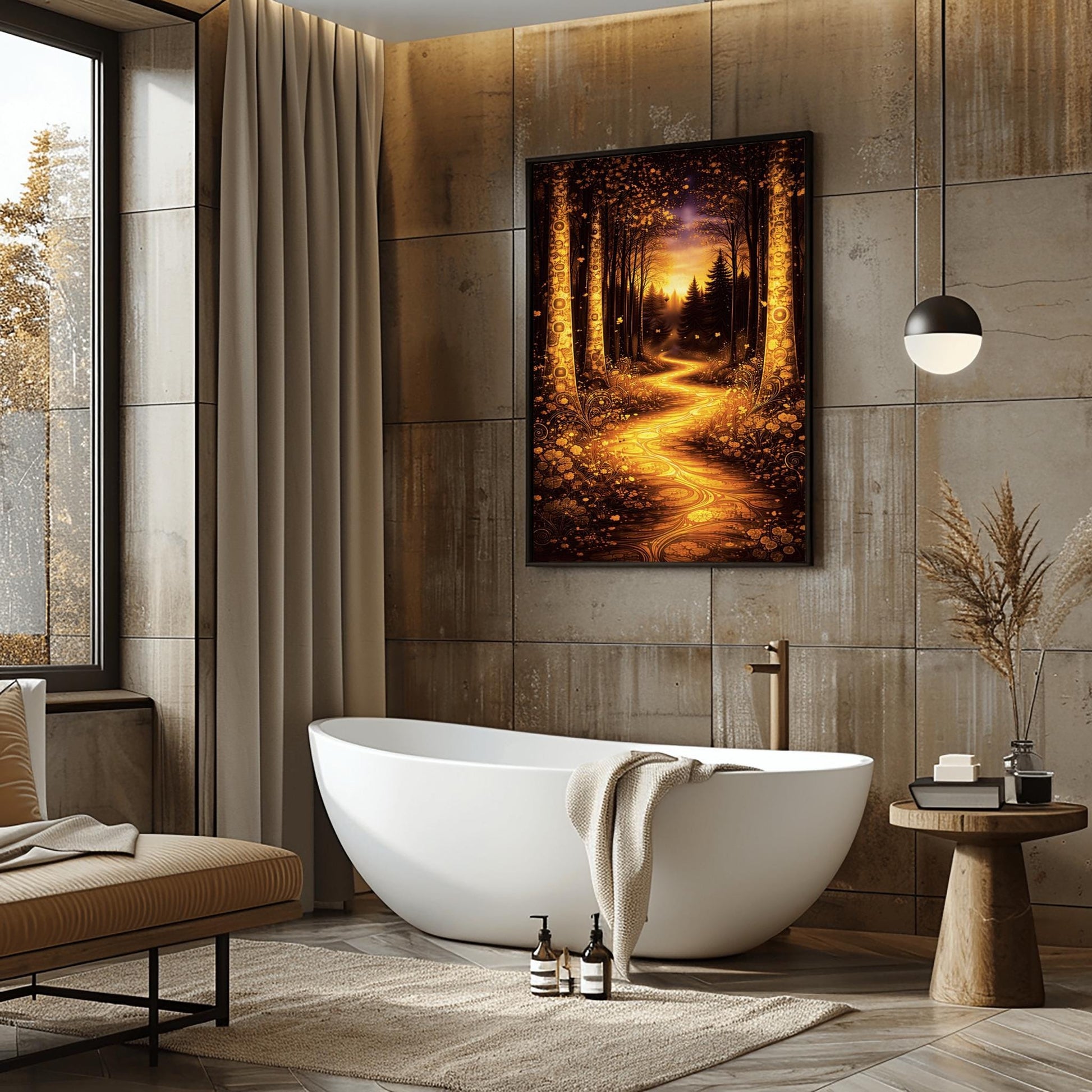 A vertical full-bleed illustration in the style of Gustav Klimt. A glowing, winding golden path flows through a dark forest. Large trees on either side are decorated with intricate golden mosaic patterns. The background features dark silhouettes of pines against a hazy, sunlit sky.