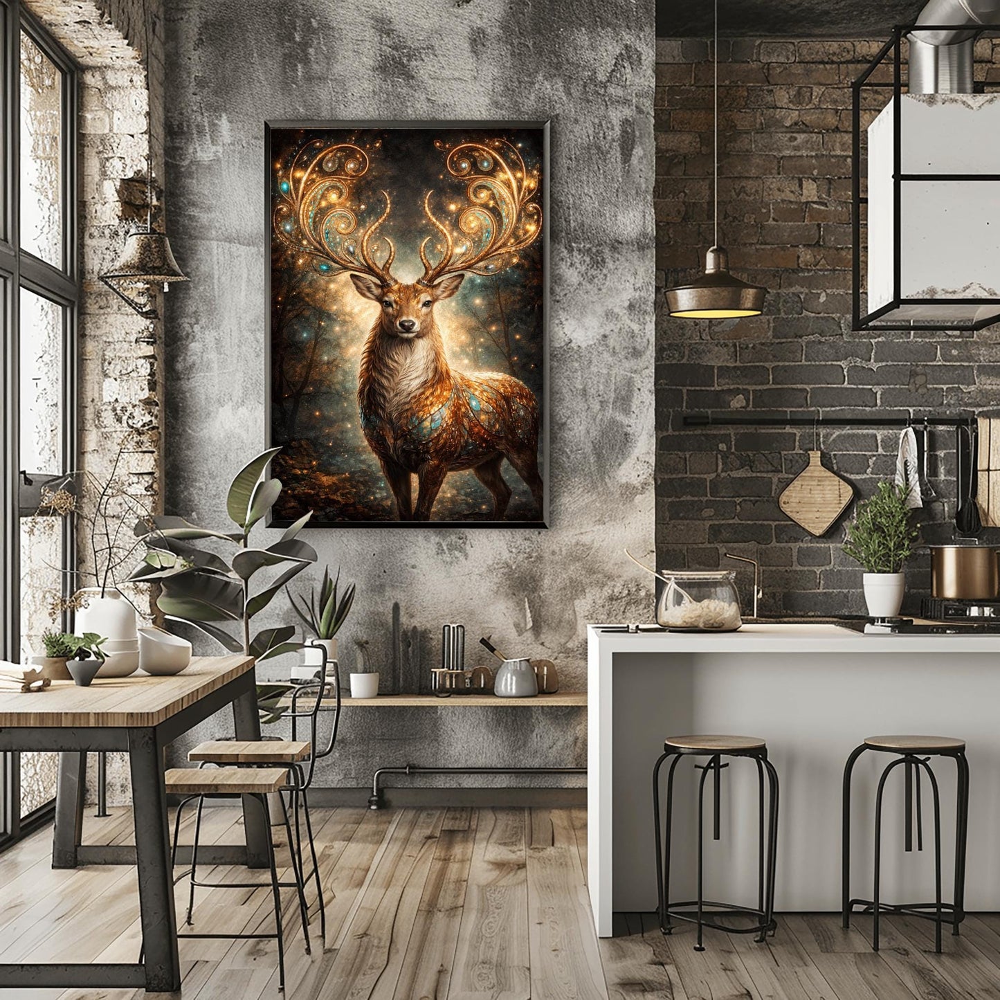 A vertical full-bleed illustration of a stag in the style of Gustav Klimt. The stag has massive, swirling golden antlers decorated with glowing gems. Its body is a mosaic of gold and turquoise. It stands in a misty, dark forest filled with golden sparks and floating embers.