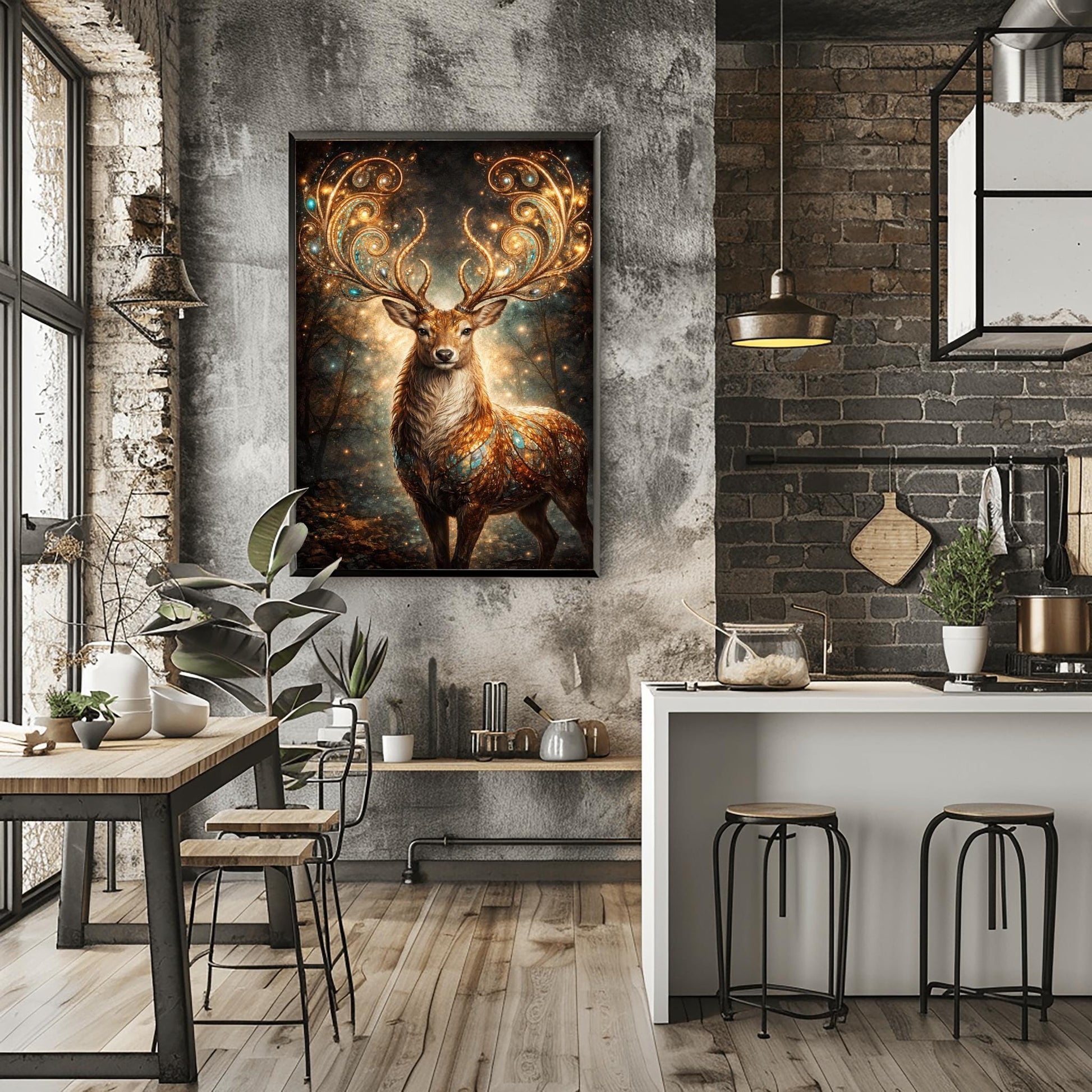 A vertical full-bleed illustration of a stag in the style of Gustav Klimt. The stag has massive, swirling golden antlers decorated with glowing gems. Its body is a mosaic of gold and turquoise. It stands in a misty, dark forest filled with golden sparks and floating embers.