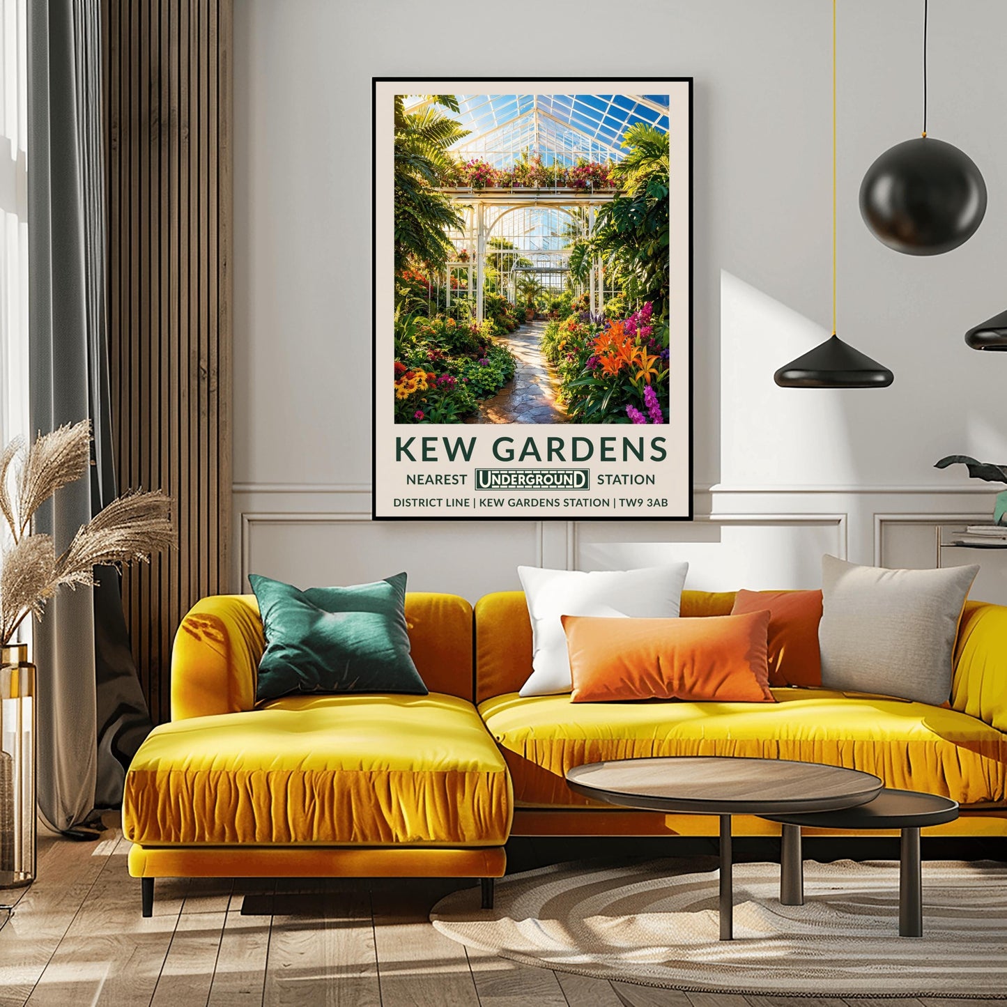 A vertical retro London Underground travel poster for Kew Gardens on a wide cream border. The top image shows a sun-drenched illustration inside a massive Victorian glasshouse conservatory. On the left, an elegant, ornate white wrought-iron spiral staircase winds upward. A pathway curves through a dense jungle of towering green fan palms, highlighted by bright pink and purple orchids and orange flowers.