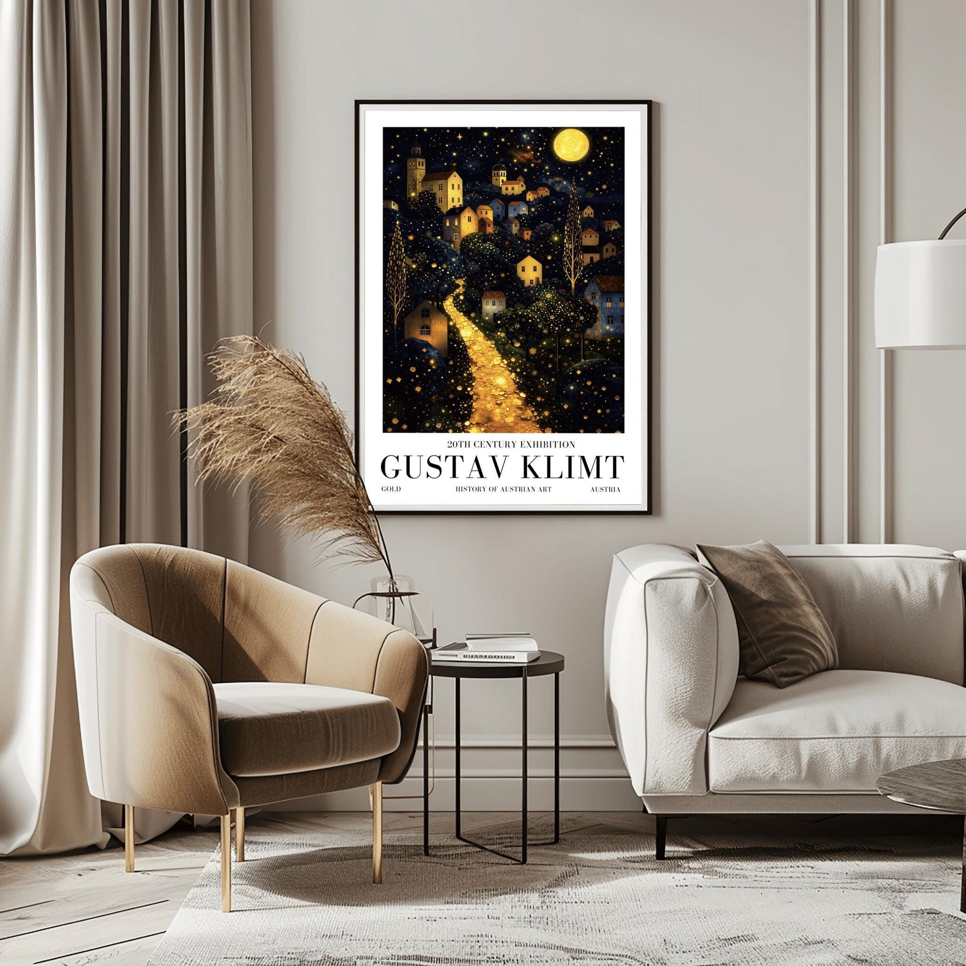 A vertical fine art landscape in the style of Gustav Klimt. A brilliant, glowing golden path winds up a dark hillside toward a village with lit windows. The deep blue night sky is filled with many stars and a large, textured golden moon. The trees are decorated with small, shimmering golden dots.