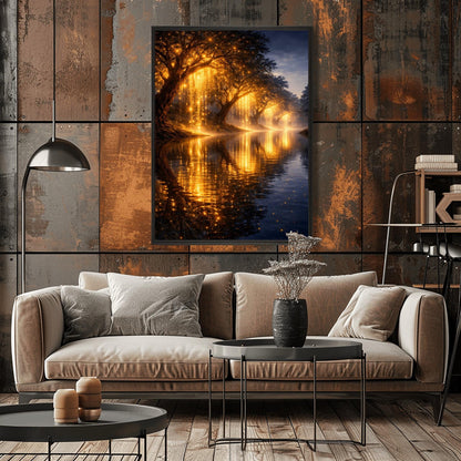 A vertical full-bleed landscape illustration in the style of Gustav Klimt. A row of weeping willow trees with branches made of liquid gold and sparkling embers lines a dark, tranquil river. The golden light reflects brilliantly on the water's surface under a dark twilight sky.