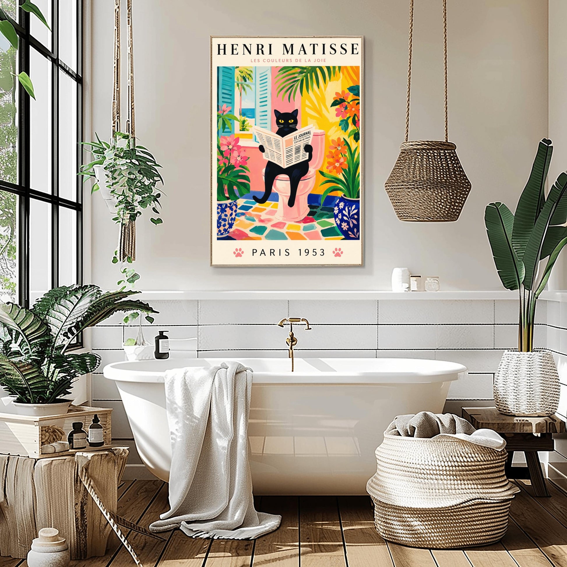 A vertical gallery poster on a cream background titled "HENRI MATISSE - LES COULEURS DE LA JOIE" in black and pink font. The central image shows a sleek black cat with bright yellow eyes sitting on a pastel pink toilet, reading a French newspaper titled "LE JOURNAL". The bathroom features an open window with blue shutters looking out at a beach, ocean, and palm trees. The room is decorated with lush green plants, potted orange flowers, and a colorful mosaic stone floor.
