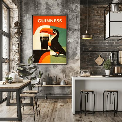 A vertical minimalist poster for Guinness in a mid-century modern style. A stylized, geometric toucan stands next to a pint of beer. The background is made of large blocks of orange, teal, and black. Bold white text at the top reads "GUINNESS."