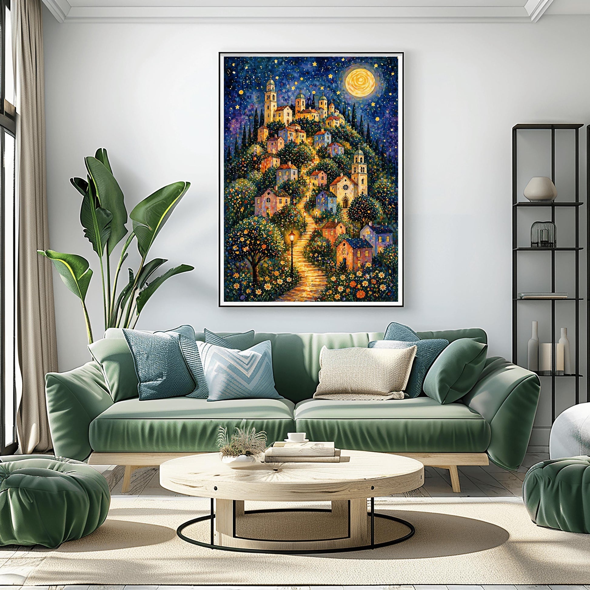 A vertical art print in a vibrant mosaic style. A winding, glowing stone path leads up a steep hill through a village of pastel-colored houses and tall, domed church towers. The scene is lit by warm streetlamps and a massive, golden full moon in a starry indigo sky. The foreground is filled with a dense field of small, colorful wildflowers, and the entire image is composed of shimmering, jewel-toned patterns.