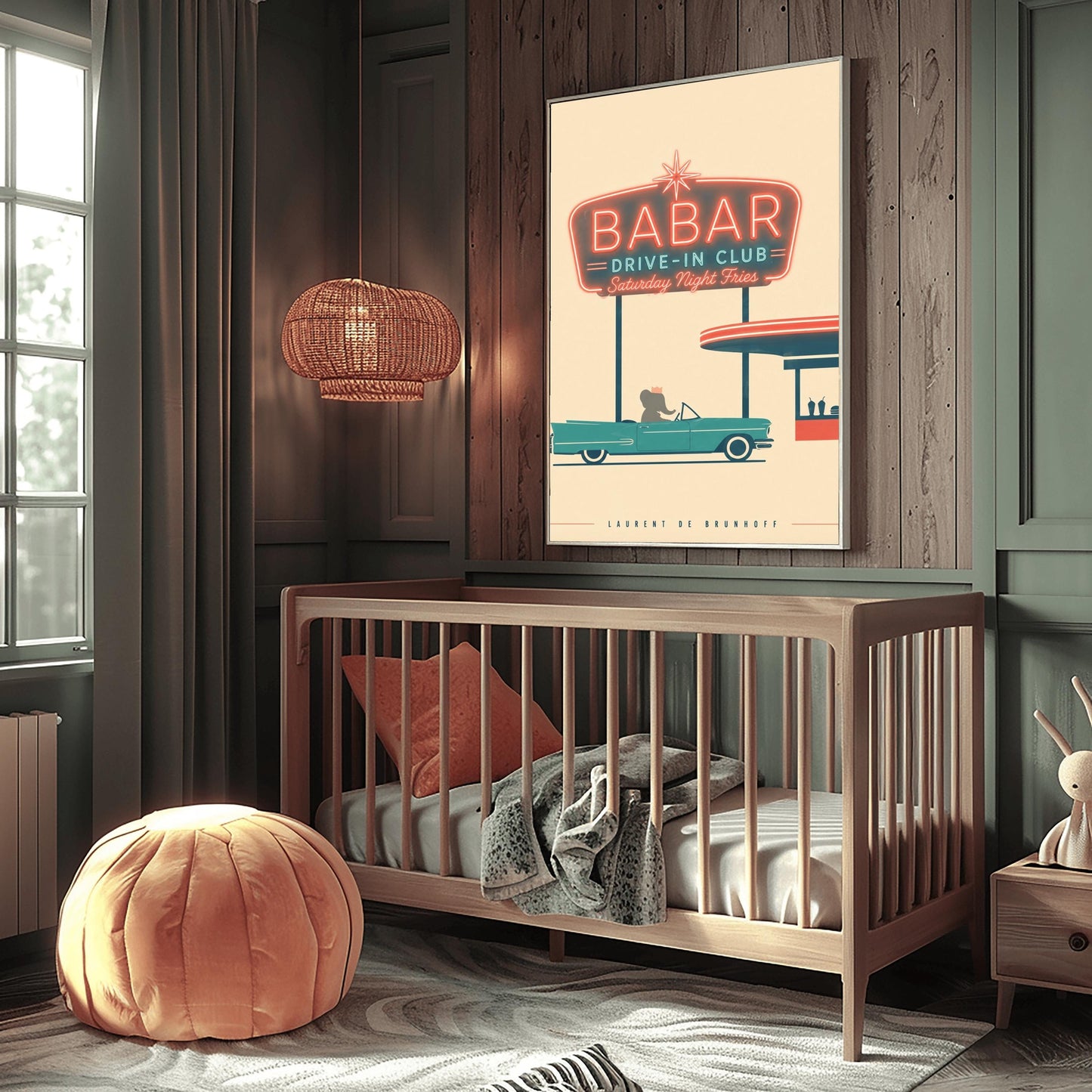 A minimalist graphic vintage-style poster on a solid cream background. At the top, a large retro neon-style sign glows with a red border and teal lettering that reads "BABAR DRIVE-IN CLUB - Saturday Night Fries". Below the sign, a silhouette of a cartoon elephant wearing a crown sits inside a classic teal 1950s convertible car. The car is parked next to a simplified red and teal drive-in order window featuring two milkshakes and a burger silhouette.