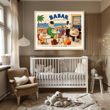 A bright 1950s-style illustration poster titled "BABAR mange dans un diner" in bold blue and black script. The scene shows an outdoor diner balcony overlooking a sandy beach and blue ocean with a sailboat. On the left, the cartoon elephant King Babar sits at a round white table in a green suit and top hat, reading a menu. Several other patrons are seated at tables on red chairs eating burgers and ice cream sundaes, while a waiter in a bowtie takes notes.