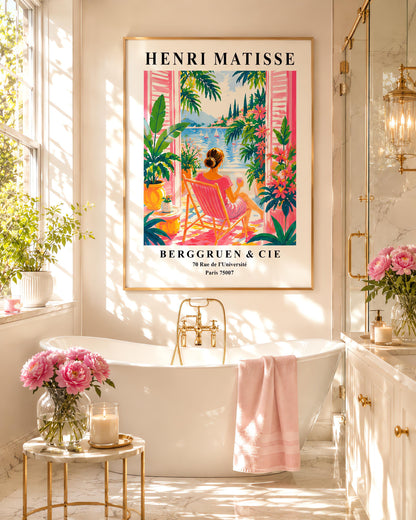 A vertical minimalist fine art exhibition poster in the style of Henri Matisse, featuring a wide white border layout. In the center, a simple black line drawing outlines a woman in a reclining, relaxed pose resting on her side. The illustration is framed by large, flat abstract paper-cut shapes, including a solid terracotta red background block beneath the figure and an organic royal blue coral leaf on the left against a solid white backdrop.