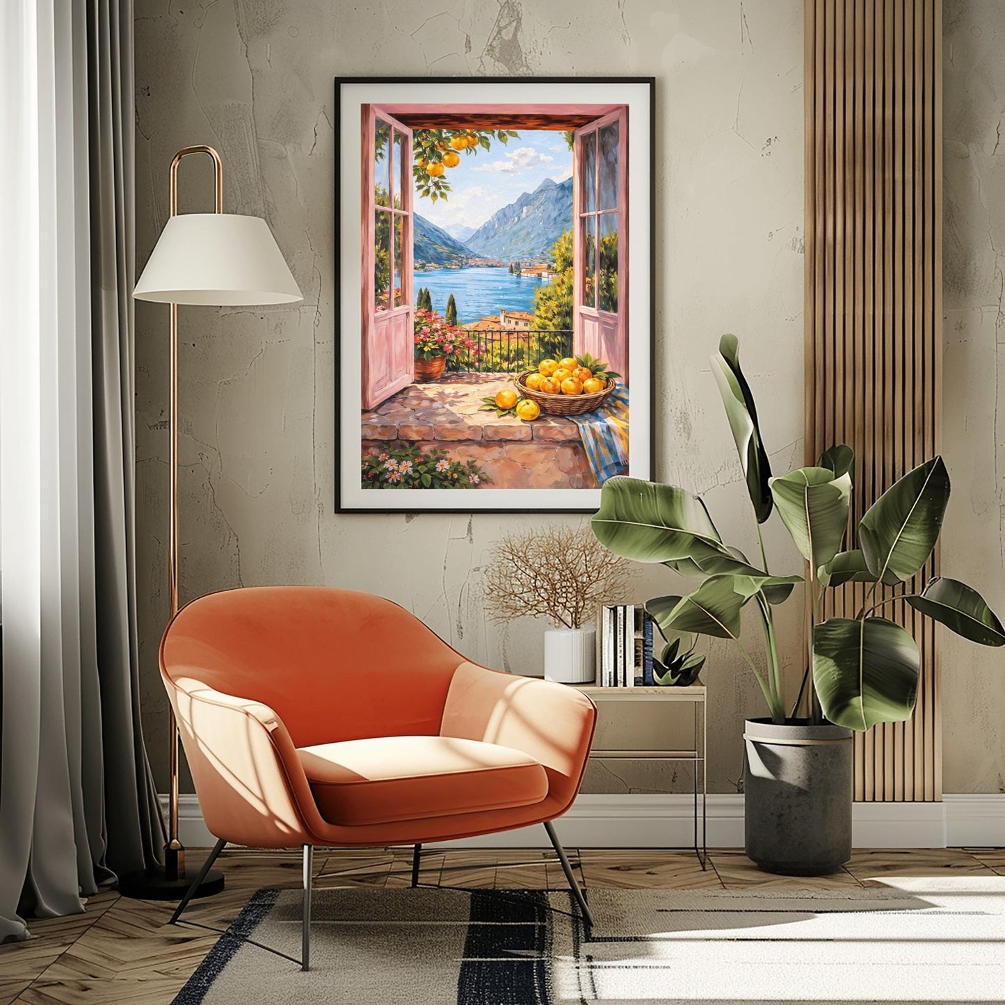 A vertical painterly illustration looking through open pink French doors onto a large blue lake surrounded by tall mountains. A woven basket of lemons sits on a stone ledge in the foreground next to a striped cloth and a pot of pink flowers.